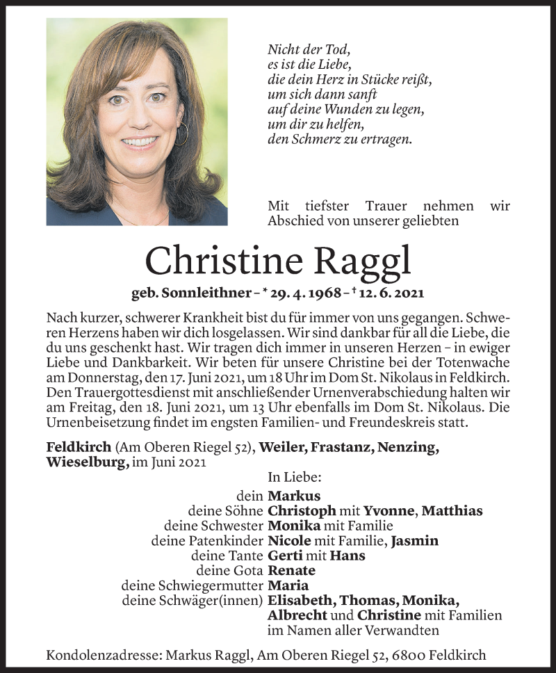  Todesanzeige für Christine Raggl vom 16.06.2021 aus Vorarlberger Nachrichten