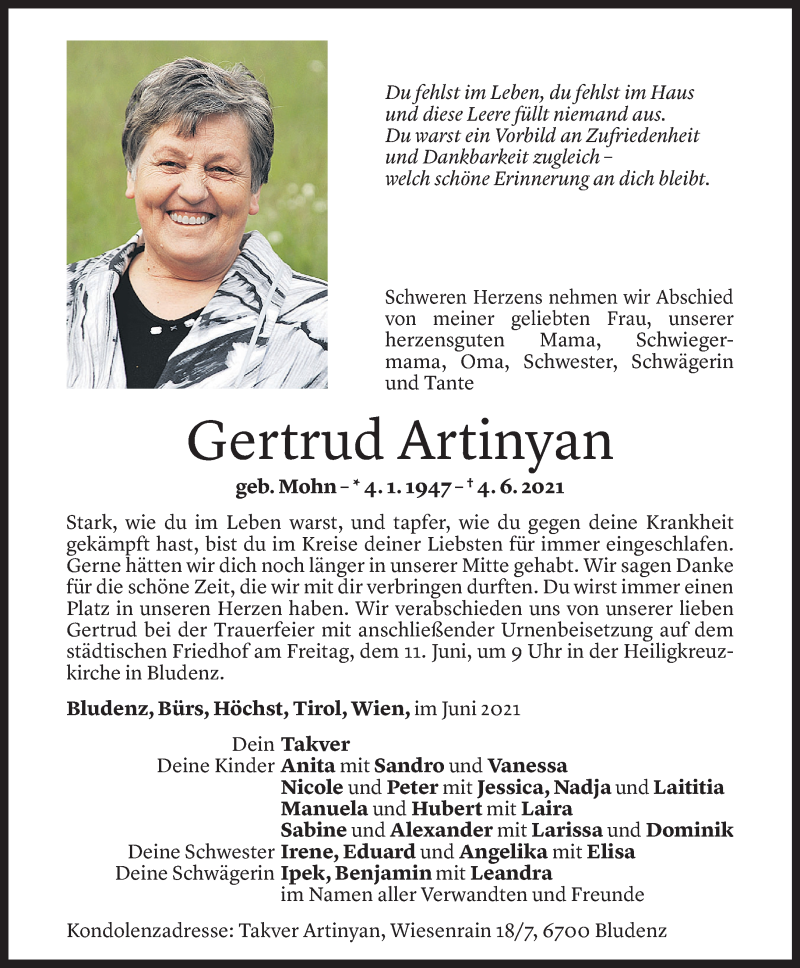  Todesanzeige für Gertrud Artinyan vom 09.06.2021 aus Vorarlberger Nachrichten