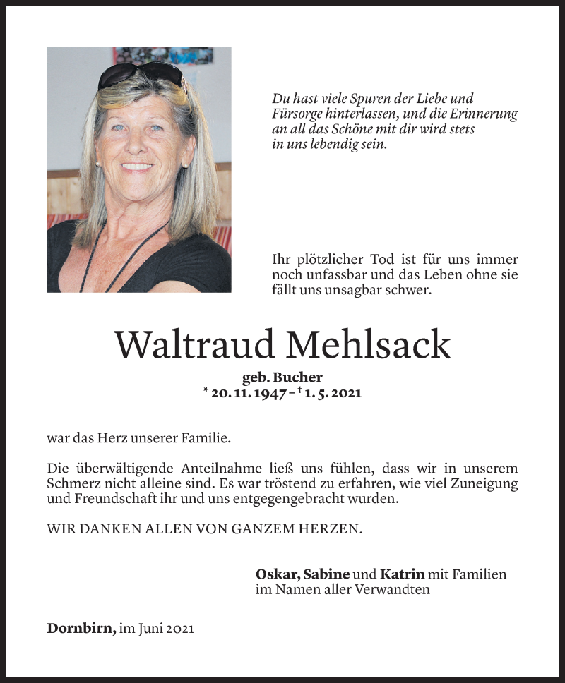  Todesanzeige für Waltraud Mehlsack vom 08.06.2021 aus Vorarlberger Nachrichten