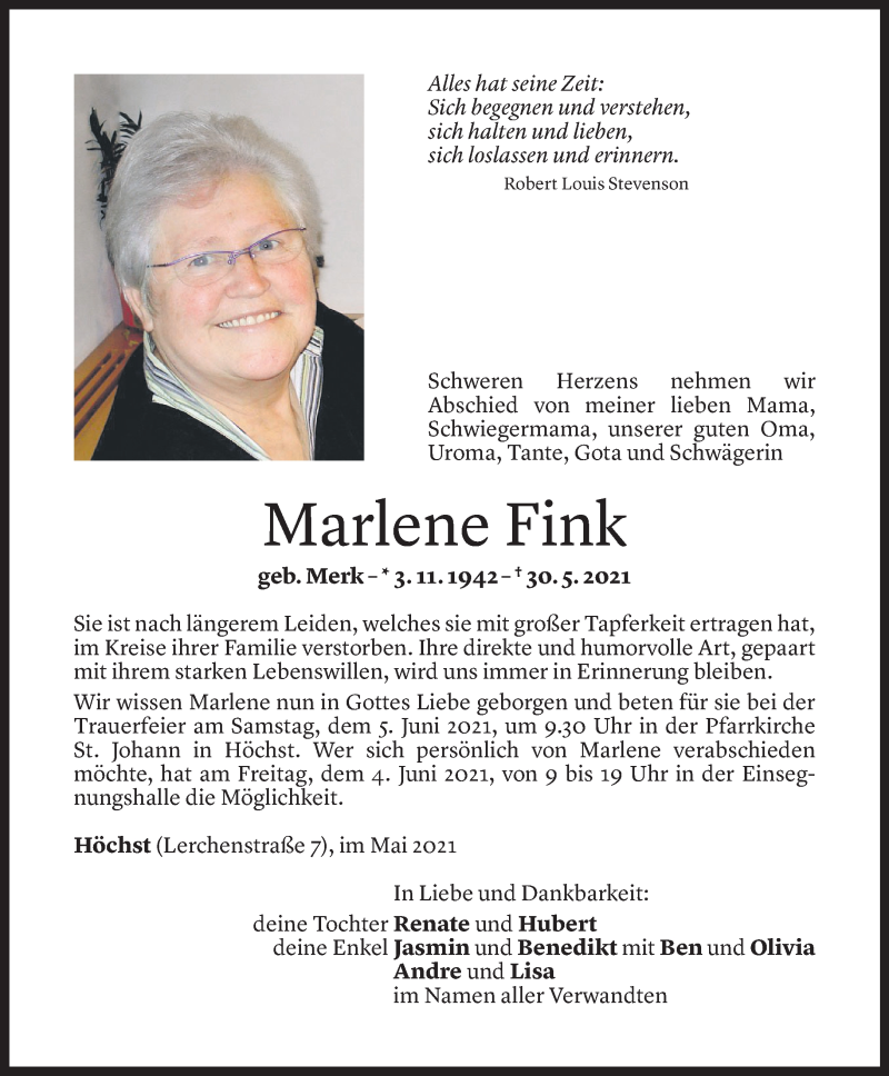  Todesanzeige für Marlene Fink vom 02.06.2021 aus Vorarlberger Nachrichten