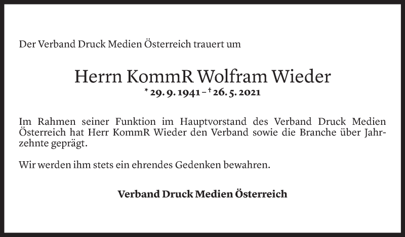  Todesanzeige für Wolfram Wieder vom 01.06.2021 aus Vorarlberger Nachrichten