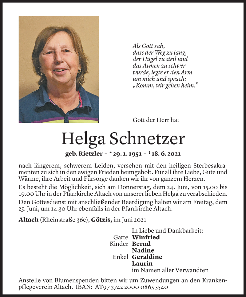  Todesanzeige für Helga Schnetzer vom 22.06.2021 aus Vorarlberger Nachrichten