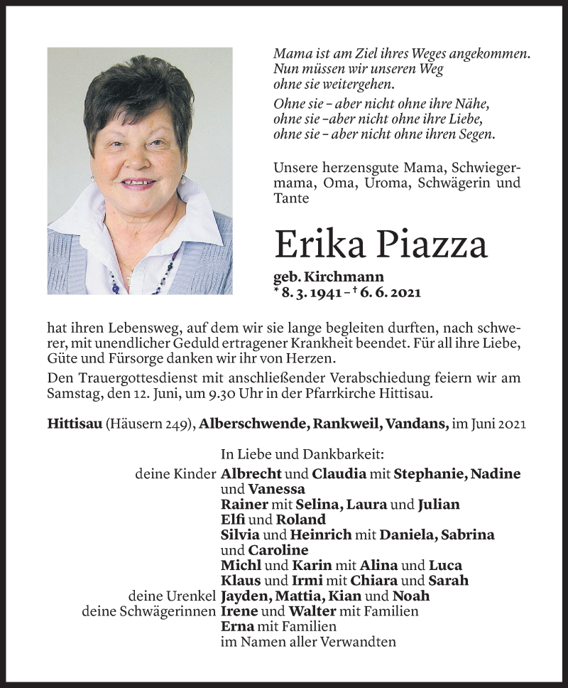  Todesanzeige für Erika Piazza vom 10.06.2021 aus Vorarlberger Nachrichten