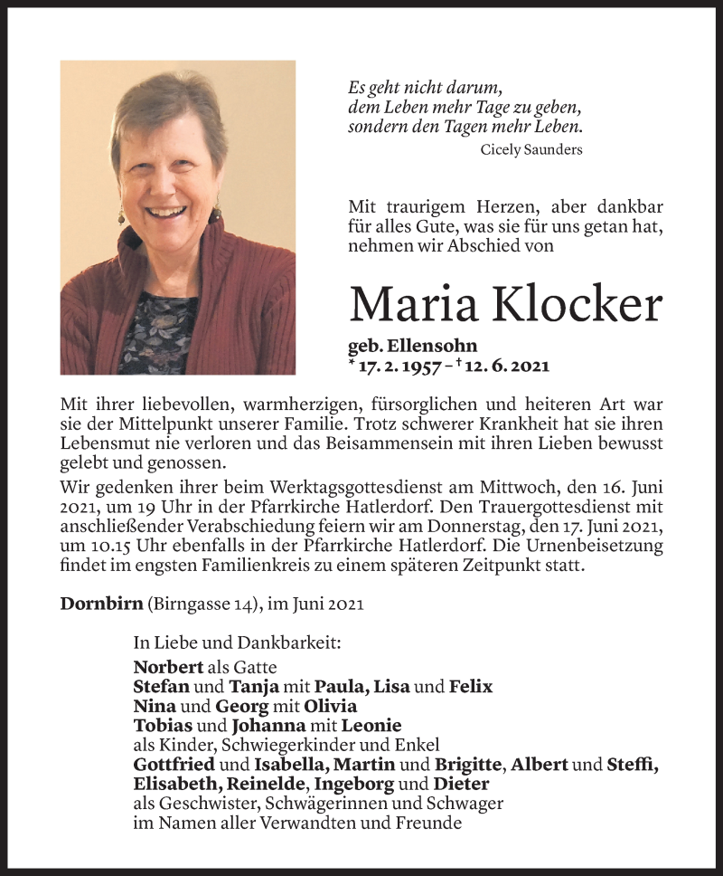  Todesanzeige für Maria Klocker vom 14.06.2021 aus Vorarlberger Nachrichten