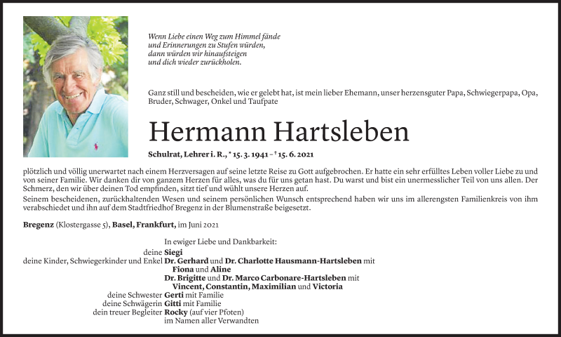  Todesanzeige für Hermann Hartsleben vom 19.06.2021 aus Vorarlberger Nachrichten