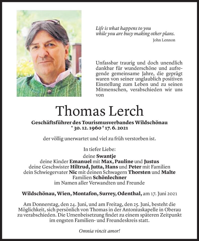  Todesanzeige für Thomas Lerch vom 23.06.2021 aus Vorarlberger Nachrichten