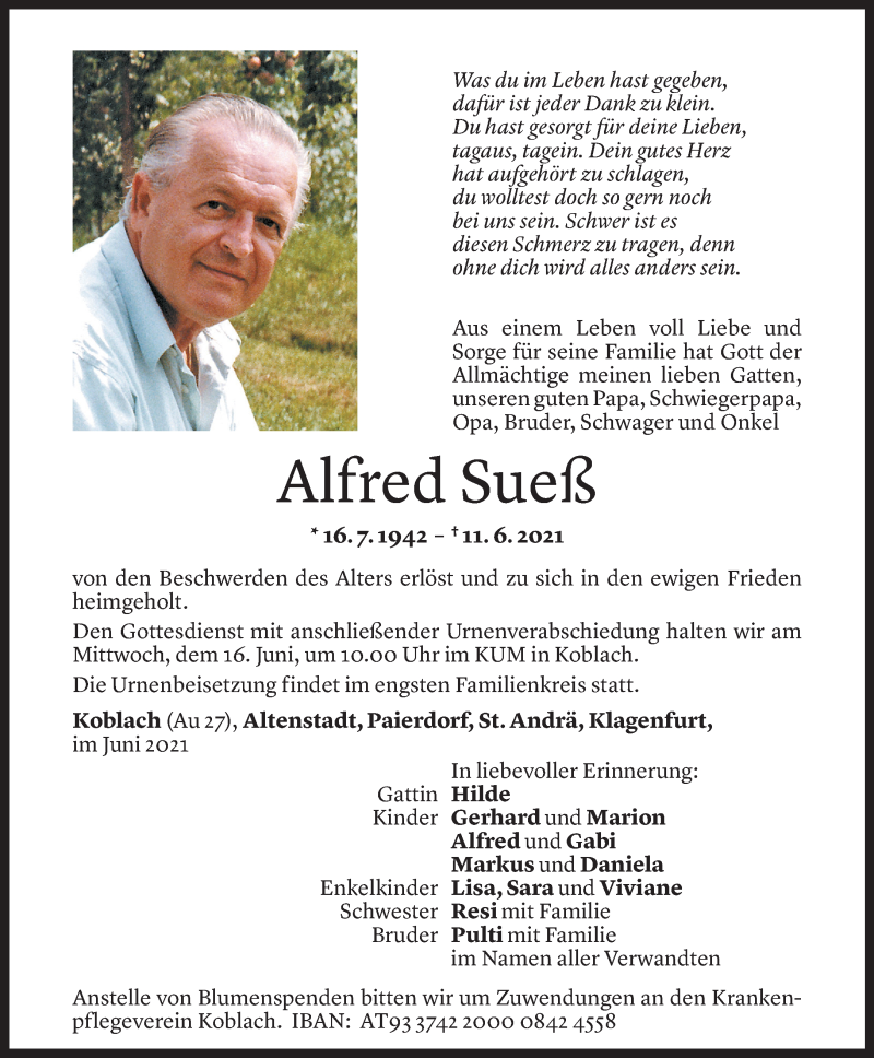  Todesanzeige für Alfred Sueß vom 15.06.2021 aus Vorarlberger Nachrichten