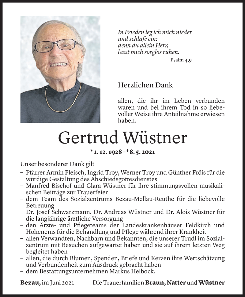 Todesanzeige für Gertrud Wüstner vom 25.06.2021 aus Vorarlberger Nachrichten