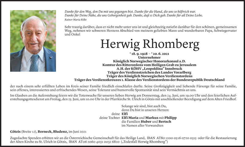 Todesanzeige für Herwig Rhomberg vom 23.06.2021 aus Vorarlberger Nachrichten