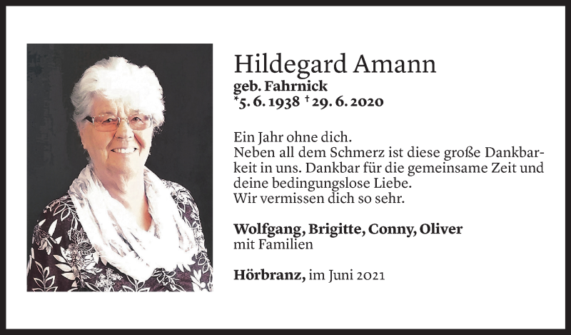  Todesanzeige für Hildegard Amann vom 29.06.2021 aus Vorarlberger Nachrichten