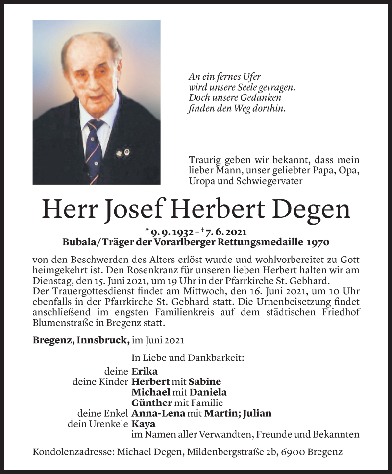  Todesanzeige für Josef Degen vom 12.06.2021 aus Vorarlberger Nachrichten