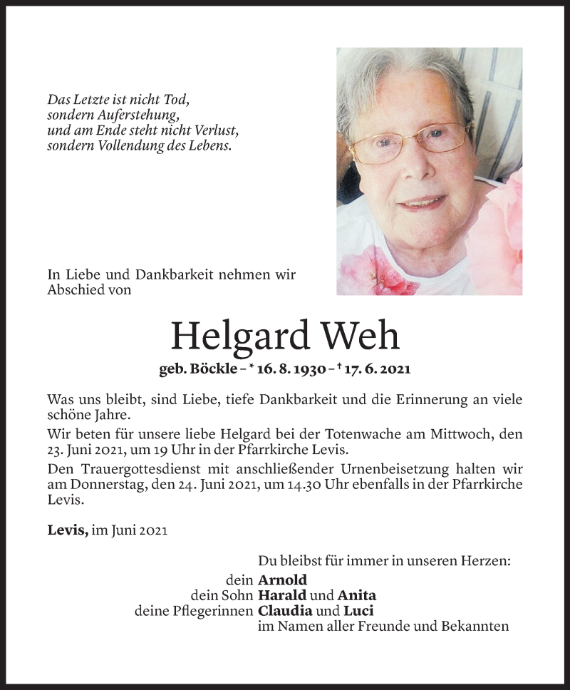  Todesanzeige für Helgard  Weh vom 20.06.2021 aus Vorarlberger Nachrichten