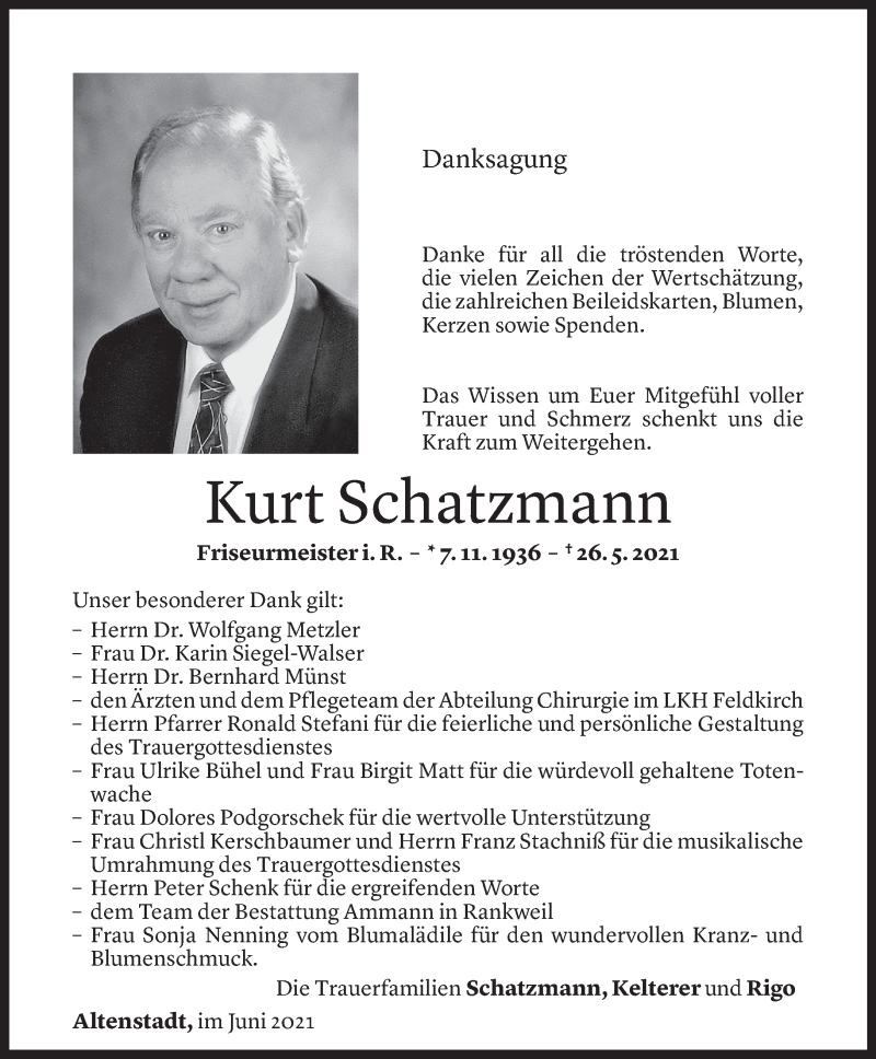  Todesanzeige für Kurt Schatzmann vom 19.06.2021 aus Vorarlberger Nachrichten
