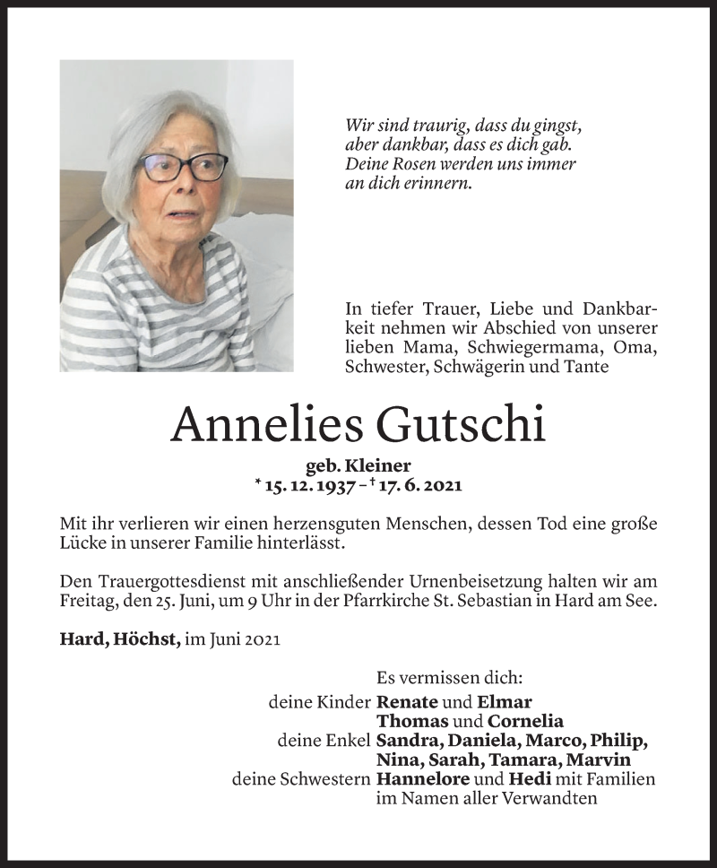  Todesanzeige für Annelies Gutschi vom 22.06.2021 aus Vorarlberger Nachrichten