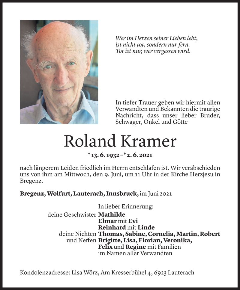  Todesanzeige für Roland Kramer vom 04.06.2021 aus Vorarlberger Nachrichten