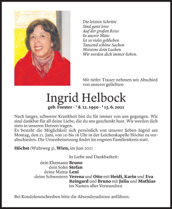 Todesanzeige von Ingrid Helbock von Vorarlberger Nachrichten