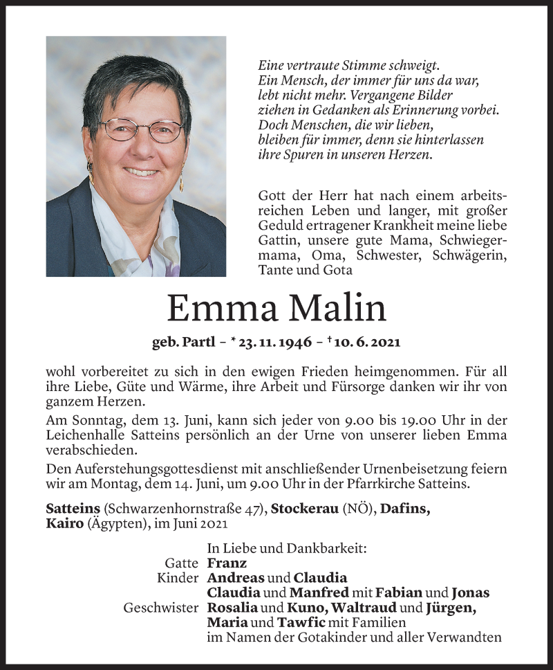  Todesanzeige für Emma Malin vom 12.06.2021 aus Vorarlberger Nachrichten