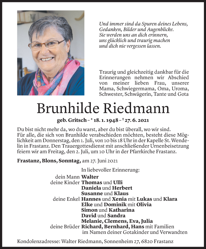 Todesanzeige für Brunhilde Riedmann vom 28.06.2021 aus Vorarlberger Nachrichten
