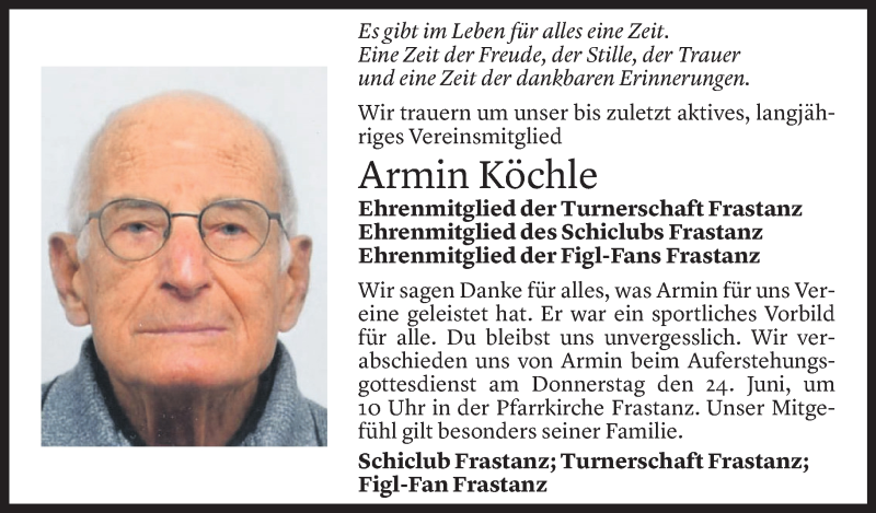  Todesanzeige für Armin  Köchle vom 21.06.2021 aus Vorarlberger Nachrichten