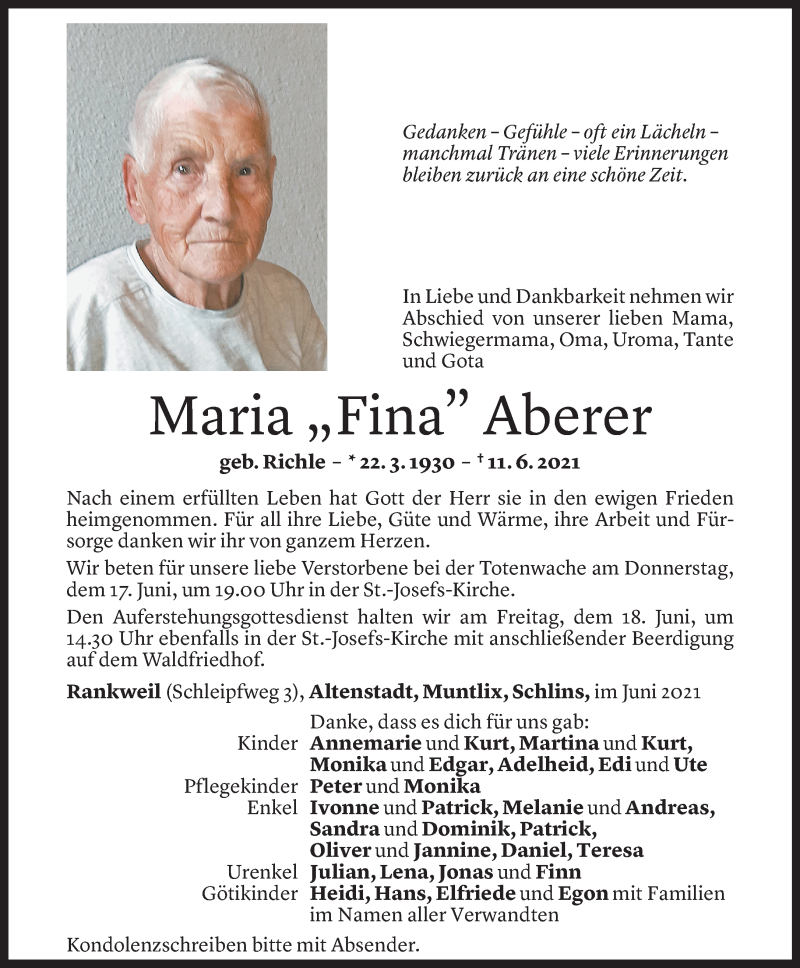  Todesanzeige für Maria Aberer vom 16.06.2021 aus Vorarlberger Nachrichten