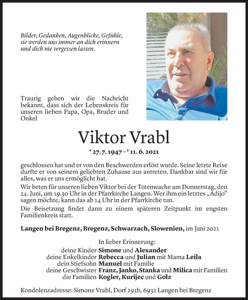 Todesanzeige für Viktor Vrabl vom 20.06.2021 aus Vorarlberger Nachrichten