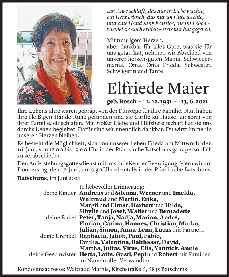  Todesanzeige für Elfriede Maier vom 15.06.2021 aus Vorarlberger Nachrichten