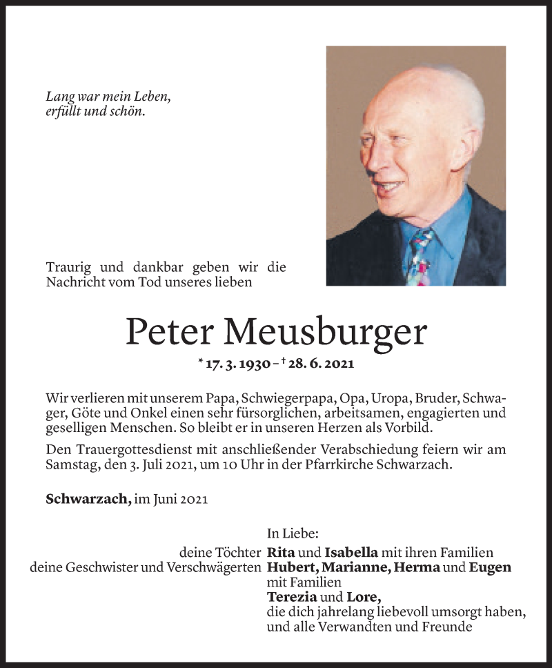  Todesanzeige für Peter Meusburger vom 30.06.2021 aus Vorarlberger Nachrichten