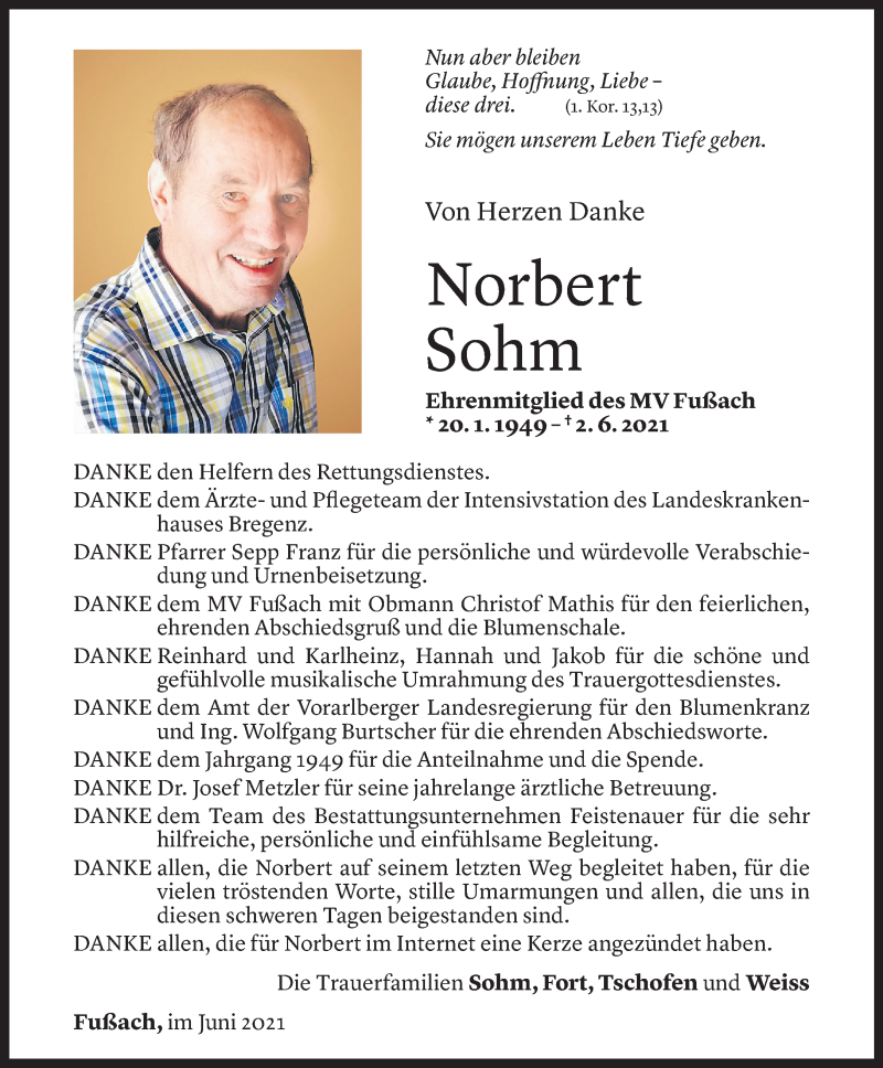  Todesanzeige für Norbert Sohm vom 23.06.2021 aus Vorarlberger Nachrichten