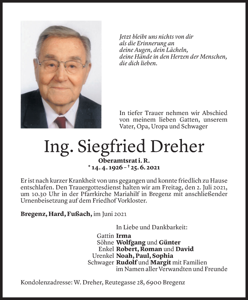  Todesanzeige für Siegfried Dreher vom 28.06.2021 aus Vorarlberger Nachrichten