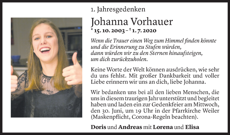 Todesanzeige für Johanna Sonja Vorhauer vom 24.06.2021 aus Vorarlberger Nachrichten