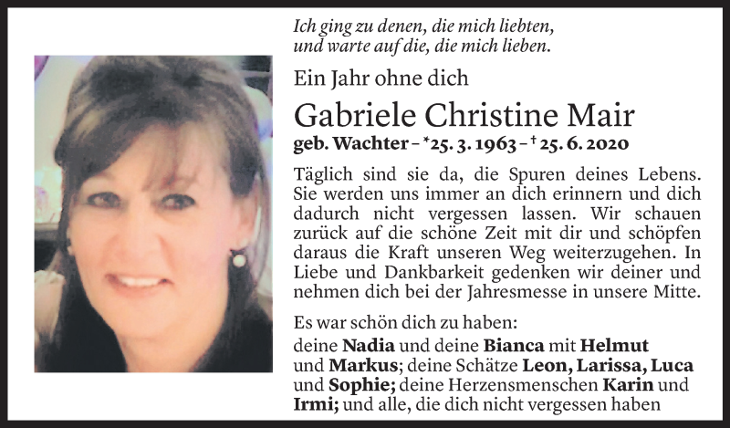  Todesanzeige für Gabriele Christine Mair vom 25.06.2021 aus Vorarlberger Nachrichten