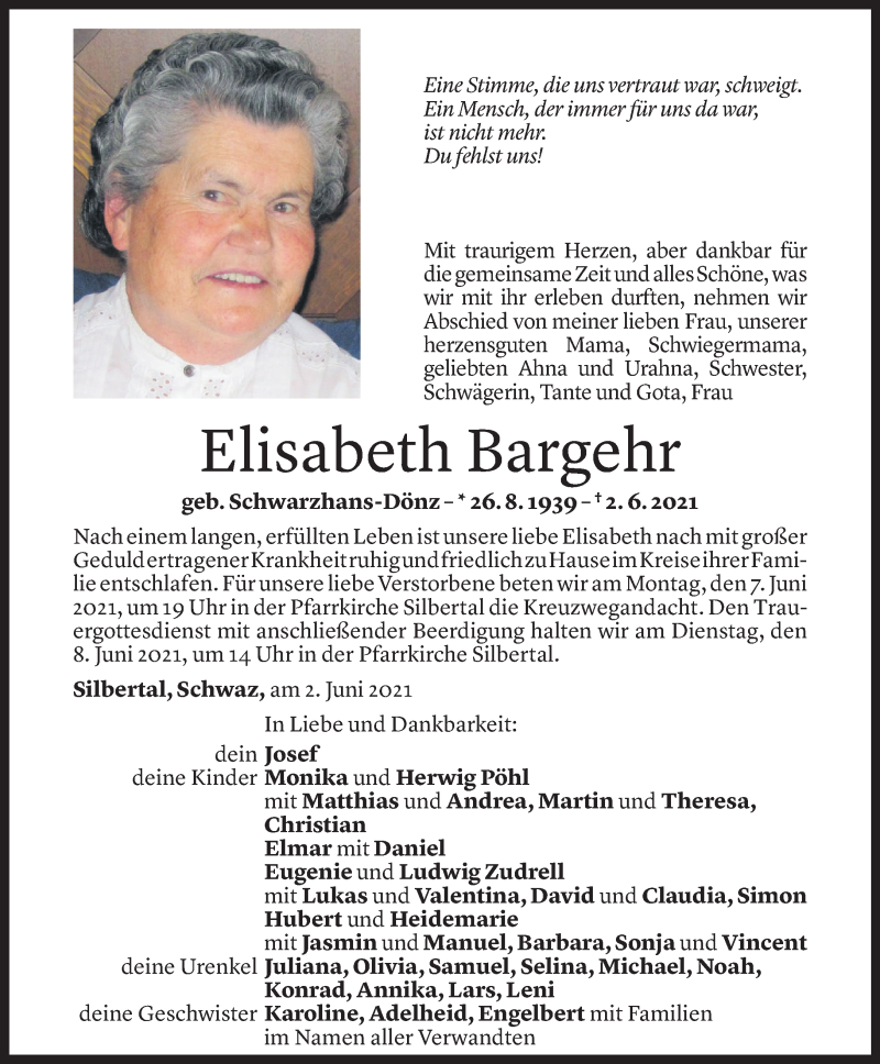  Todesanzeige für Elisabeth Bargehr vom 04.06.2021 aus Vorarlberger Nachrichten