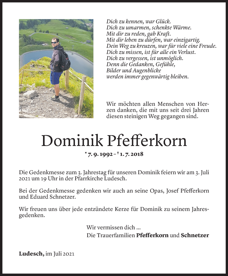  Todesanzeige für Dominik Pfefferkorn vom 30.06.2021 aus Vorarlberger Nachrichten