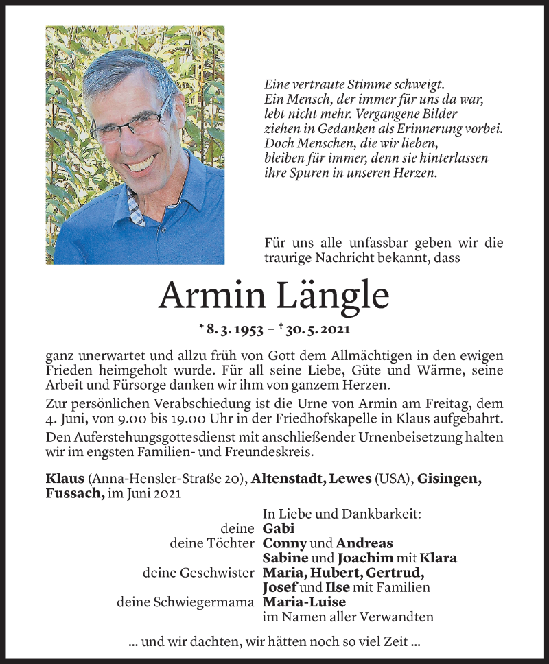  Todesanzeige für Armin Längle vom 02.06.2021 aus Vorarlberger Nachrichten