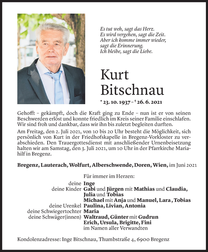  Todesanzeige für Kurt Bitschnau vom 30.06.2021 aus Vorarlberger Nachrichten