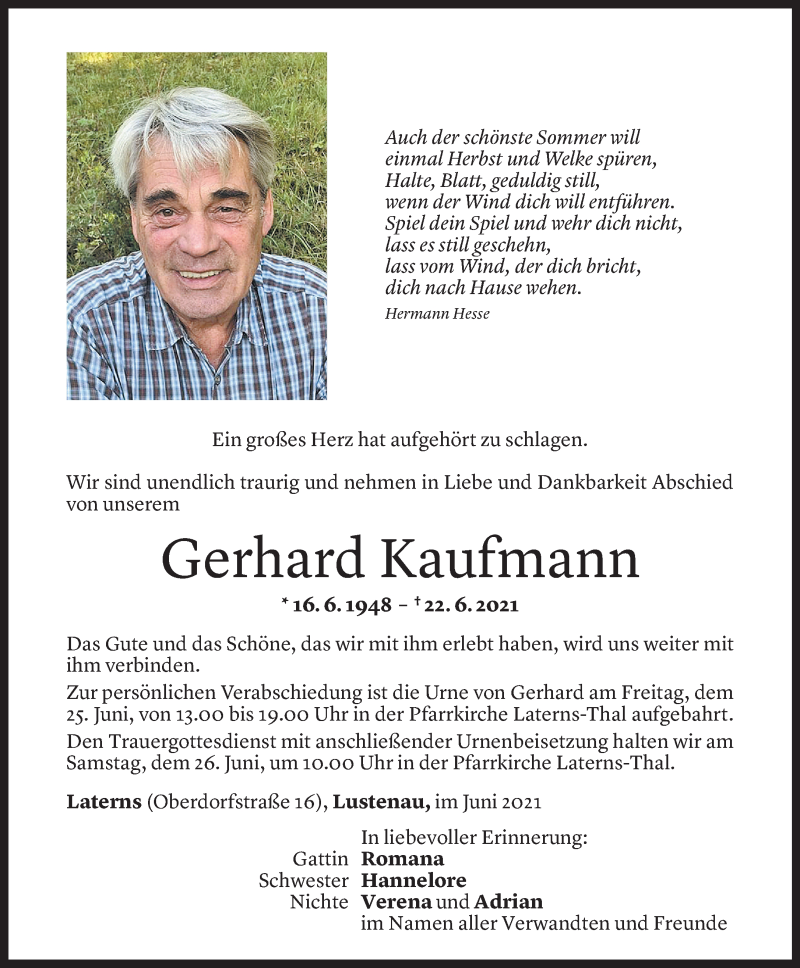 Todesanzeige für Gerhard Kaufmann vom 24.06.2021 aus Vorarlberger Nachrichten
