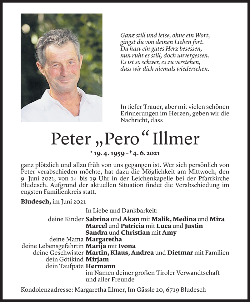  Todesanzeige für Peter Illmer vom 07.06.2021 aus Vorarlberger Nachrichten