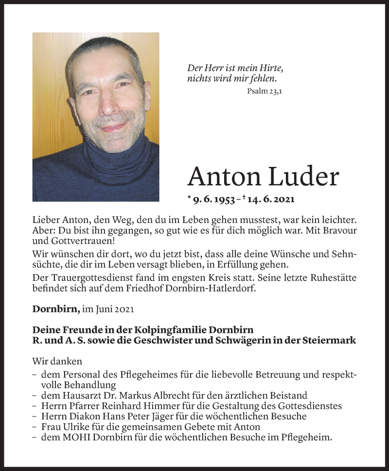  Todesanzeige für Anton Luder vom 23.06.2021 aus Vorarlberger Nachrichten