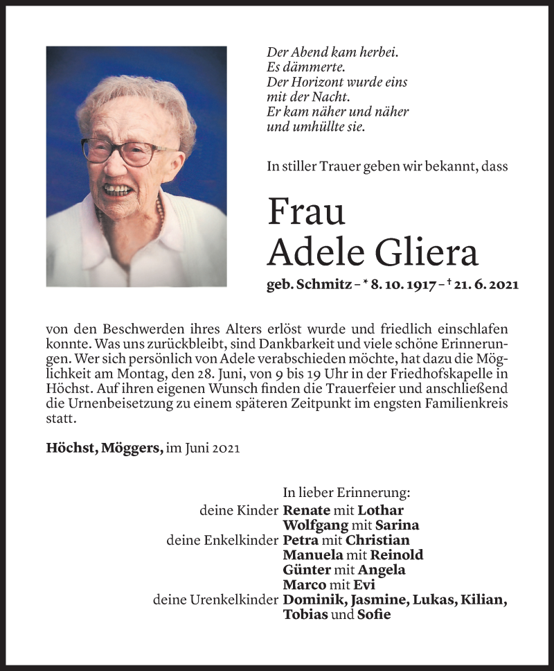  Todesanzeige für Adele Gliera vom 25.06.2021 aus Vorarlberger Nachrichten