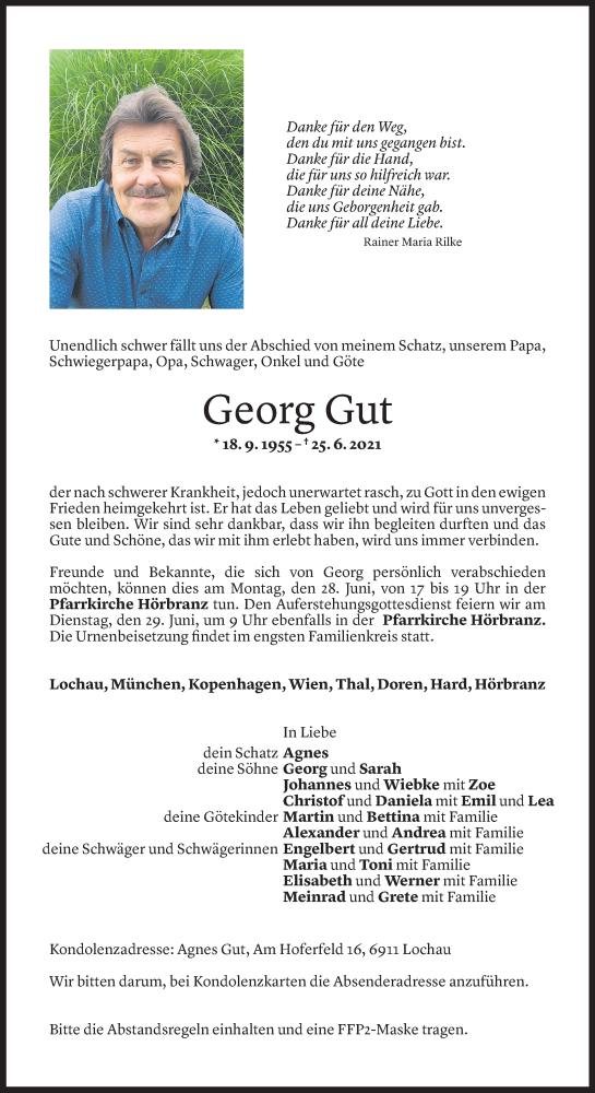  Todesanzeige für Georg Gut vom 27.06.2021 aus vorarlberger nachrichten
