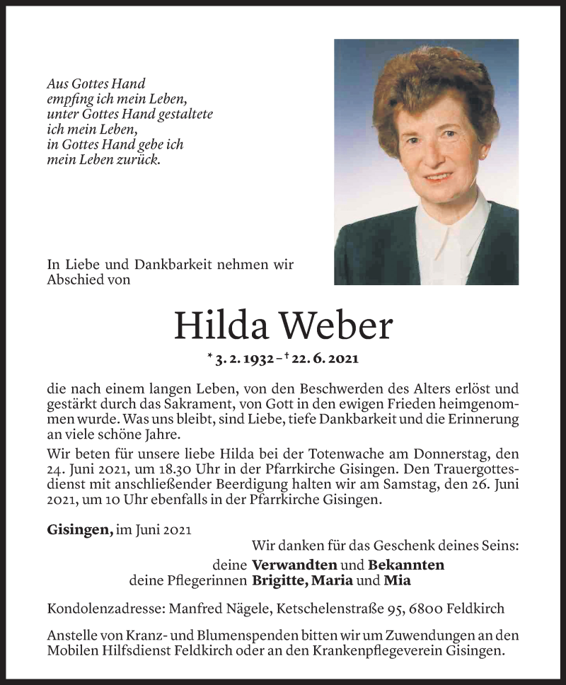  Todesanzeige für Hilda Weber vom 22.06.2021 aus Vorarlberger Nachrichten