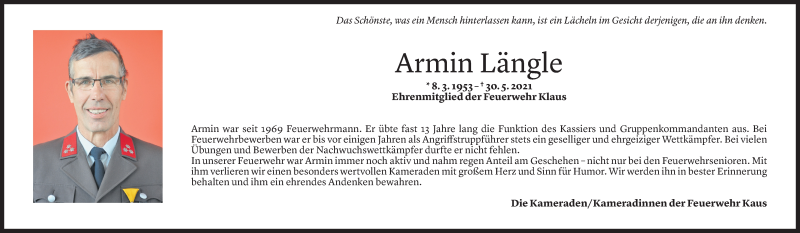  Todesanzeige für Armin Längle vom 02.06.2021 aus Vorarlberger Nachrichten