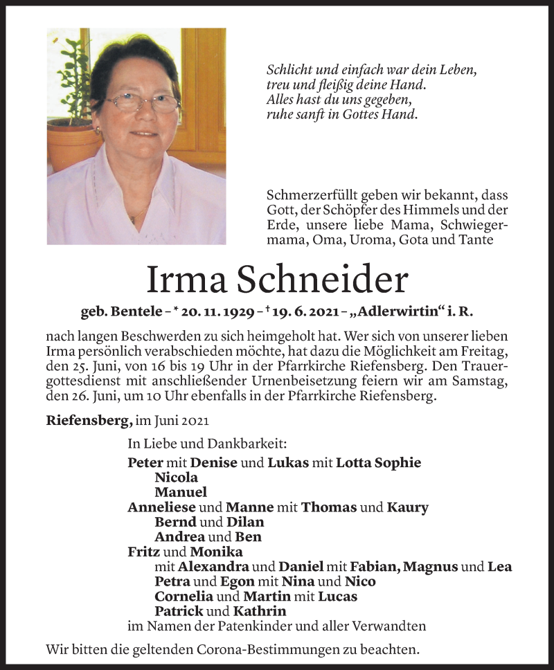  Todesanzeige für Irma Schneider vom 23.06.2021 aus Vorarlberger Nachrichten