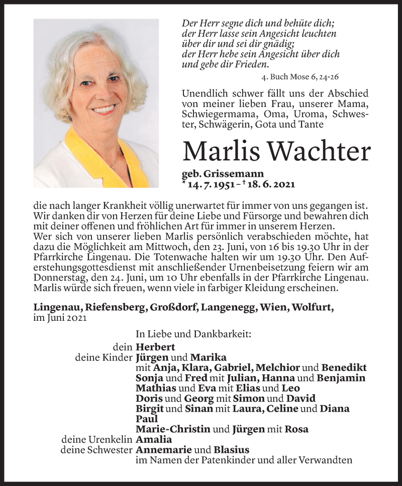  Todesanzeige für Marlis Wachter vom 20.06.2021 aus Vorarlberger Nachrichten