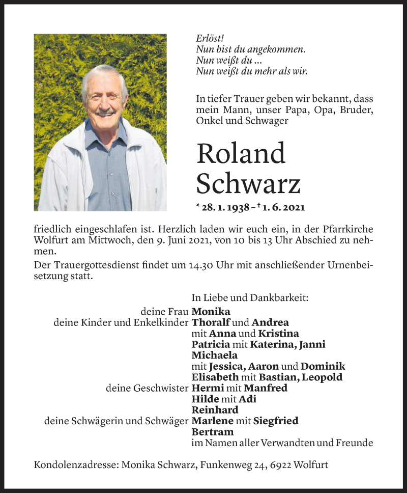  Todesanzeige für Roland Schwarz vom 04.06.2021 aus Vorarlberger Nachrichten