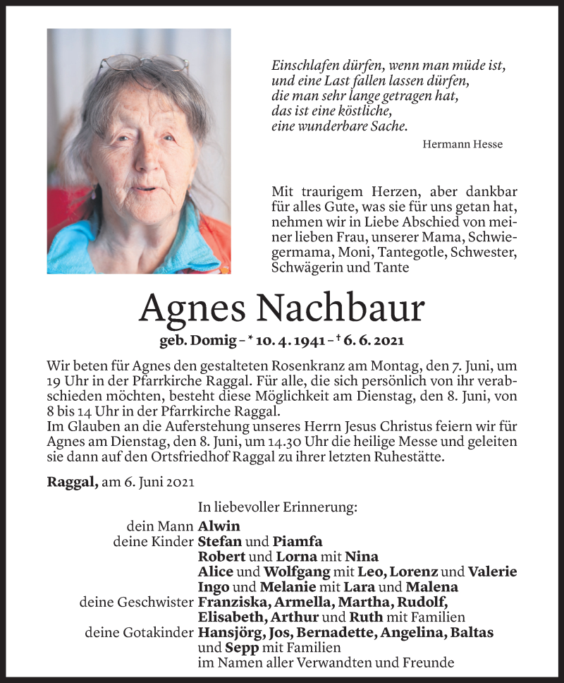  Todesanzeige für Agnes Nachbaur vom 06.06.2021 aus Vorarlberger Nachrichten