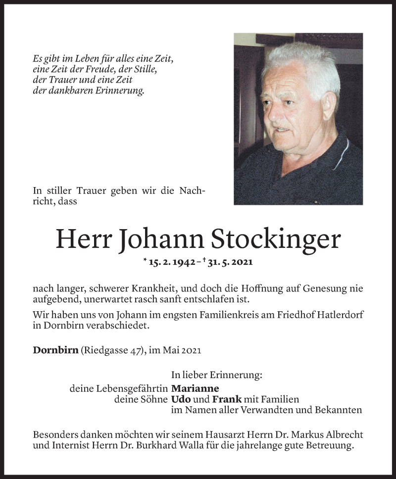 Todesanzeige für Johann Stockinger vom 09.06.2021 aus Vorarlberger Nachrichten