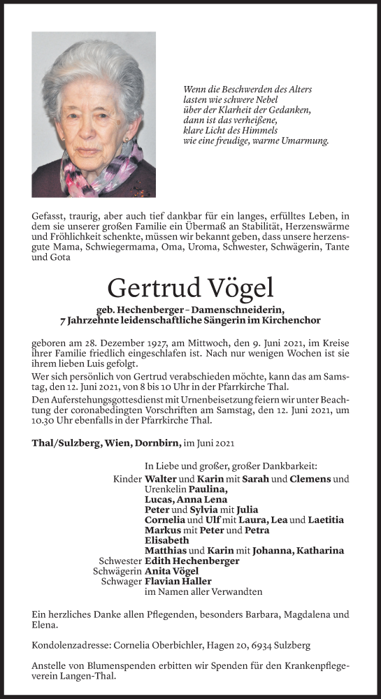  Todesanzeige für Gertrud Vögel vom 10.06.2021 aus Vorarlberger Nachrichten