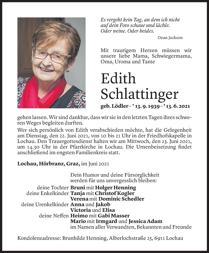  Todesanzeige für Edith Schlattinger vom 18.06.2021 aus Vorarlberger Nachrichten