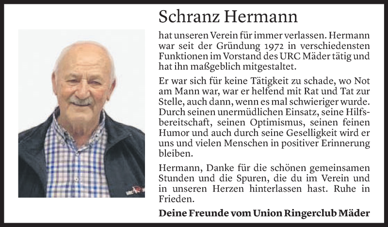  Todesanzeige für Hermann Schranz vom 19.06.2021 aus Vorarlberger Nachrichten